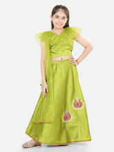 Girls Lotus Embroidery Lehenga Choli Ruffle Sequin with Dupatta- Green